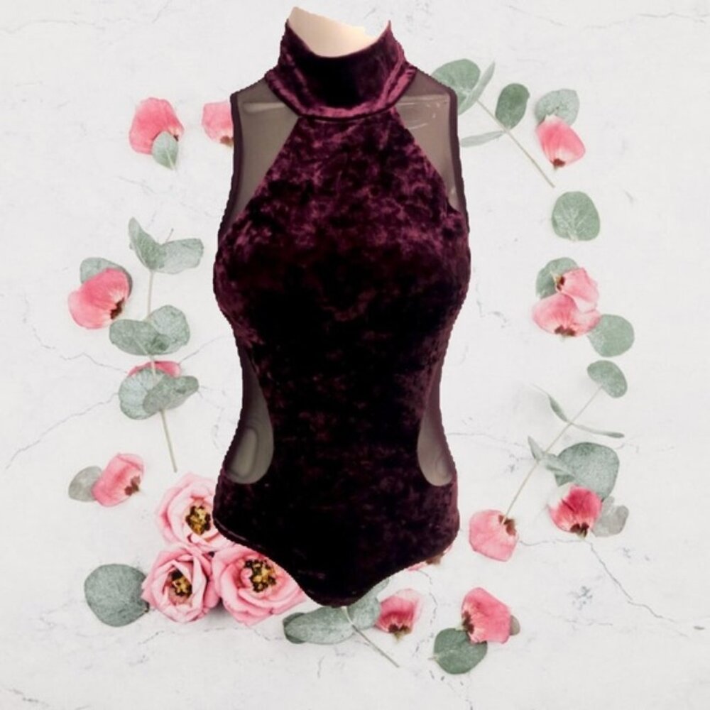REVAMPED BURGUNDY MESH AND VELVET BODY SUIT SNAPS CLOSURE NECK BUTTONS SIZE M